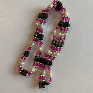 Red and Black Magnetic Beaded Bracelet/Necklace with Real Pearl Beads